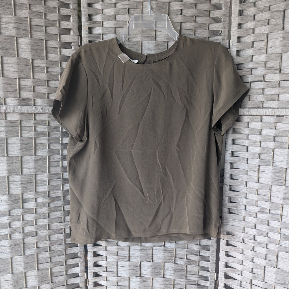 Simple Silk Blouse Top Short Sleeve Olive Green Keyhole Back Sz 10 Minimalist